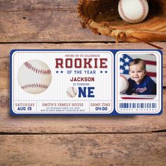 a baseball ticket with an image of a baby's first birthday