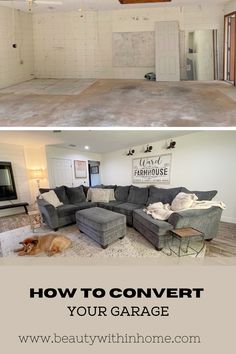 Top picture is an empty garage, the bottom picture is the room now a furnished living room with gray couch and ivory area rug. Cheap Garage Conversion, Connect Garage To House, Garage Turned Into Family Room, Garage Conversion Ideas Before And After, Single Car Garage Conversion, 2 Car Garage Conversion