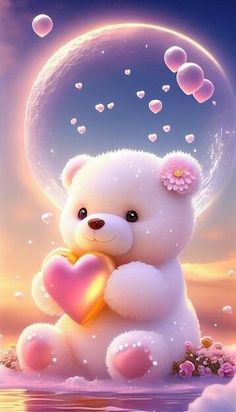 a white teddy bear holding a heart in its paws and sitting on the ground with bubbles floating around it