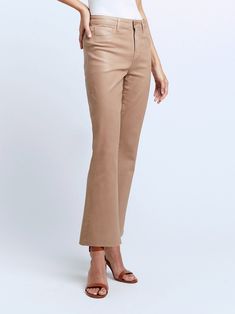 A high-rise cropped flare jean in a lustrous coated premium denim and a neutral cappuccino-beige hue. High-recovery denim hugs from waistband to knee before extending into a flared cropped leg finished with raw hem. Includes five-pocket construction and front zip fly closure. Chic Brown Wide Leg Flare Jeans, Beige High Waist Flare Jeans For Fall, Chic Cream Flare Jeans For Fall, Chic High Rise Beige Flare Jeans, Chic Beige High-waist Flare Jeans, Chic High Waist Beige Flare Jeans, Chic Beige Jeans With Five Pockets, Brown Flare Jeans With Five Pockets, Beige Wide Leg Flare Jeans For Work