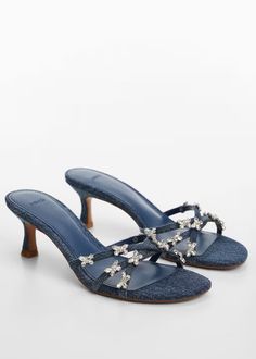 Heeled denim sandals - Women | Mango USA Spring Formal Denim Heels, Denim Open Toe Sandals For Party, Denim Open Heel Party Heels, Summer Evening Denim Heels, Summer Denim Heels For Party, Elegant Denim Heels For Summer, Mango Heels, Butterfly Heels, Denim Sandals