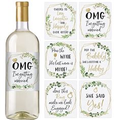 wine bottle labels with greenery and gold trimmings on white paper, set of 6