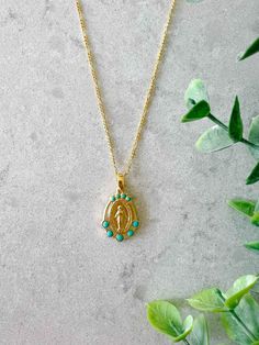 The Mary Medallion in Turquoise features a stunning 3/4" Mary Medallion with enamel Turquoise accents on a fine chain. This necklace is a great layering piece. Mary Medallion on 18" chain with 2" extender chain 14k gold over brass Designed and assembled in Sonoma, California Out of stock? This item typically restocks in about 1-2 weeks Catholic Necklace, Sonoma California, Turquoise Accents, Catholic Jewelry, Layering Pieces, Jewelry Collection, Layering, California, Turquoise