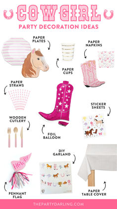 A collage of cowgirl party supplies from The Party Darling to plan a pony party for a little cowgirl Yeehaw Birthday Party, Yeehaw Balloons, Pink Pony Club Party, Pony Party Decorations, Cowgirl Party Decor, Pony Party Ideas, Pink Cowgirl Party