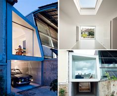 there are pictures of different houses with skylights on them and one has a car parked in the garage