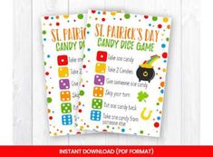 two st patrick's day candy dice game cards