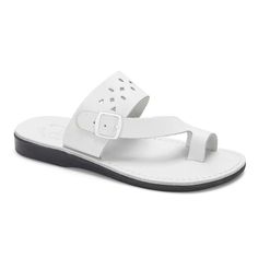 Ezra white, handmade leather slide sandals with toe loop - Front View Classic White Sandals With Leather Sole, Classic Adjustable Round Toe Sandals, Adjustable White Sandals With Rubber Sole, Classic White Leather Sandals, White Adjustable Sandals With Ortholite Insole, White Sandals With Adjustable Single Toe Strap, White Adjustable Sandals With Single Toe Strap, White Classic Sandals With Single Toe Strap, Classic White Sandals With Single Toe Strap