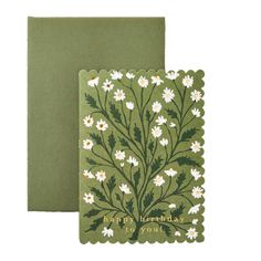 This green floral birthday card features a die cut scalloped edge and beautiful all over daisy print in green and cream, with gold foil flower centres. We've paired this card with a luxury green envelope. Details & Dimensions Weight: 18 g (0.6 oz) Made in United Kingdom Daisy Birthday Card, Paper Birthday Cards, Paper Daisy, Daisy Cards, Green Envelope, Green Envelopes, Birthday Card Design, 카드 디자인, 캐릭터 드로잉