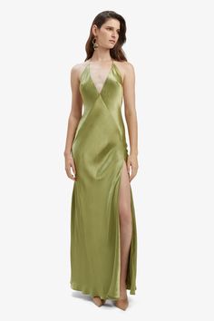 Yve Halter Dress - Khaki V Neck Halter Dress, Backless Halter Dress, Satin Halter Dress, Halter Top Dress, Prom 2024, Halter Top Dresses, White Long Sleeve Dress, Dress Sash, Guest Attire