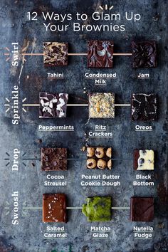 a poster with different types of chocolates and their names on it's side