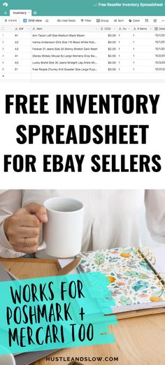 the free inventory spreadsheet for ebay sellers is shown with text overlay