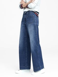 High-Rise Wide-Leg Patch Pocket Jean | Banana Republic Patch Pocket Jeans, Sunday Style, Simple Tees, Hippie Outfits, Women Denim Jeans, Pocket Jeans, Leather Leggings, Simple Dresses, Wide Leg Jeans