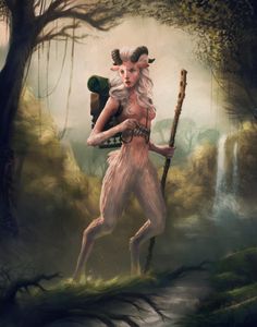 a painting of a woman with horns holding a stick in the middle of a forest