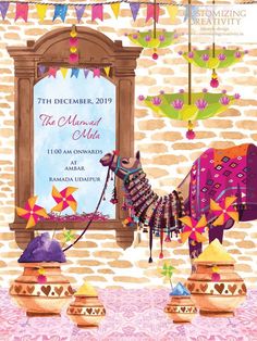 an advertisement for the festival with a horse in front of a brick wall and colorful decorations