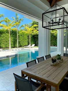 a dining room table and chairs near a swimming pool