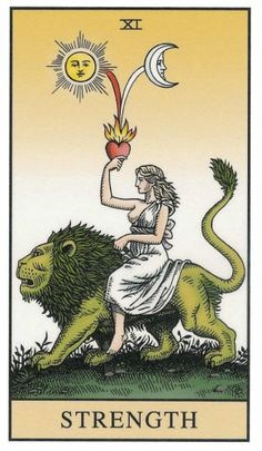 a woman sitting on top of a lion next to a taroti card with the letter