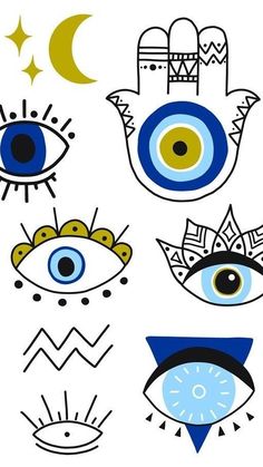 an assortment of different colored eyes and shapes on a white background with the moon in the middle