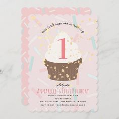 a cupcake birthday party card with the number one on it and sprinkles