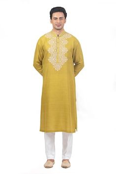 Mehendi green matka silk kurta with thread hand embroidery. Comes with pant. - Aza Fashions Fashion App, Aza Fashion, Hand Embroidered, Pants Set, Hand Embroidery, Silk, Embroidery, Green, Pants