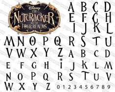 the nutcracker font and numbers are shown in black on a white background with gold accents