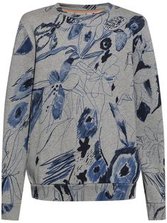 grey/blue organic cotton jersey texture all-over floral print crew neck long sleeves ribbed cuffs and hem Floral Sweatshirt, City Shorts, Balenciaga Triple S, Summer Beach Wear, Mens Activewear, Grey Blue, Paul Smith, Light Jacket, Grey Sweatshirt