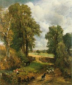 a painting of sheep grazing in a wooded area next to a river with trees on either side