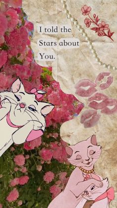 two cats are sitting next to each other in front of pink flowers and an old paper