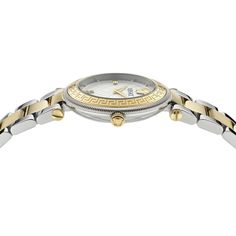 Versace Reve Womens Watch 35MM Two Tone Case White Guilloché Dial Two Tone Bracelet Luxury Round Diamond Watch With Bracelet Strap, Luxury Engraved Round Watch, Two Toned Watch, Two Tone Bracelet, Versace Earrings, Versace Accessories, Top Rings, Watch Women, Watch Collection