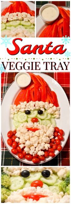 this santa veggie tray is made with tomatoes, cucumbers and black olives