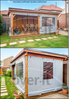 two pictures of a small house in the yard with plastic covering it's windows