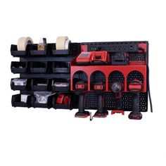 a tool rack with various tools and accessories on it's sides, along with other items