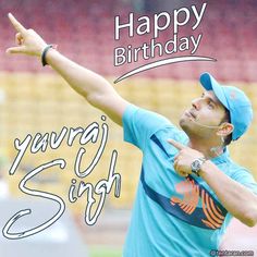 a man in blue shirt and cap pointing to the sky with happy birthday message on it