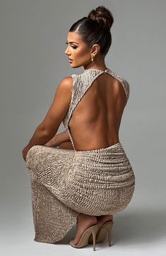 Crafted in our textured stretch fabric that hugs every curve, the Aphrodite midi features an asymmetric skirt with thigh high split. The high neck design is complete with a showstopping open back detail. Style yours with heeled mules and sleek waves.     Colour: Beige.  Textured stretch fabric.    Open low back.  Asymmetric skirt.  Thigh high split.  Button closure at back neck.  High neck.  Midi length.  Model is an XS and is wearing an XS.   Size: XS, S, M, L, XL, XXL Homecoming Dresses Corset, Birthday Glam, Midi Dress Wedding Guest, High Neck Designs