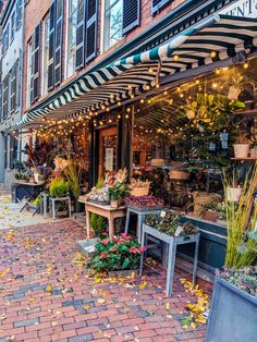 an outdoor flower shop with lots of plants and flowers on the sidewalk in front of it