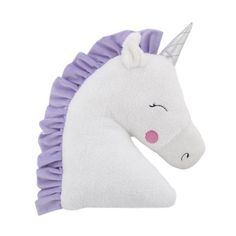 a white stuffed unicorn head with purple ruffles