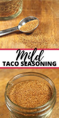 a glass jar filled with taco seasoning on top of a wooden table next to a spoon