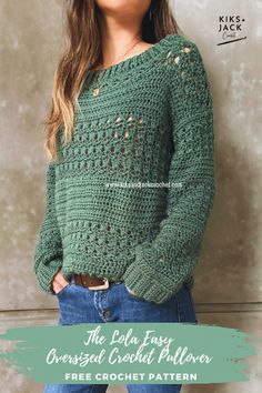 a woman wearing a green crochet sweater with holes in the middle and text overlay