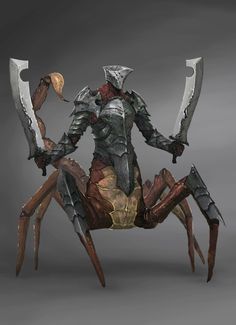 a giant spider with two swords in it's claws