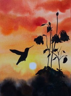 a painting of a bird flying over a flower