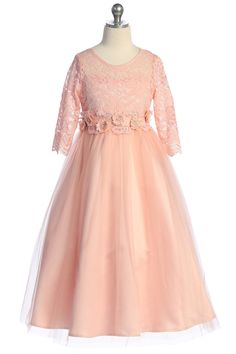 Make your little one feel like a princess with this elegant Girls Floral Waist Lace and Tulle Flower Girl Dress by Just Kids. Perfect for special occasions, weddings, or any formal event, this dress combines timeless elegance with a touch of whimsy. Features: Elegant Design: The bodice features intricate lace detailing with a round neckline and 3/4 length sleeves, offering a sophisticated and refined look. Floral Accents: A beautifully crafted floral waistband adds a charming and delicate touch, making this dress a standout piece. Flowy Tulle Skirt: The skirt is made from layers of soft tulle, providing a voluminous and ethereal silhouette that’s perfect for twirling. Comfortable Fit: The dress is designed with your child's comfort in mind, allowing for easy movement while maintaining a gr Princess Style Tulle Dress For Confirmation, Princess Dress For Prom Season And Formal Occasions, Princess Dress For Prom Season Formal Occasions, Princess Style Spring Wedding Ball Gown, Spring Wedding Princess Ball Gown, Formal Princess Style Fitted Tutu Dress, Princess Style Tutu Dress With Lace Bodice For Confirmation, Princess Tutu Dress With Lace Bodice For Confirmation, Spring Princess Dress For Formal Occasions