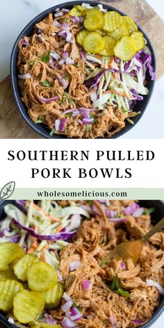 two bowls filled with pulled pork and vegetables