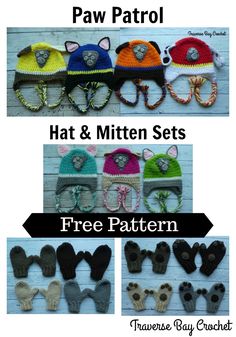 crocheted hats and mittens are shown in four different styles, including one for the