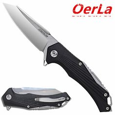 an open knife with a black handle next to it's blade and the words opera on