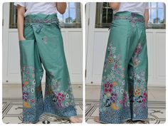 Casual Thai Fisherman Pants, Yoga Meditation Pants, Kung Fu Tai Chi Trousers Unisex Color:  Green Fabric : Fine Cotton Size: One Size (can be adjust at your comfort sizing) Measurement When Laid Flat  Please see last picture, you also need some space in order to fold the pants Full Waist: 54""  Length: 40" With 1 right pocket Color may be difference from the picture a little bit as each computer may have different brightness set up. Pants are lightweight, comfort for every movement. They are designed to wrapped around the waist and tied with belt that can be adjust at your comfort.   Made in Thailand  Care Instruction Wash before use. Will be softer over time   Cold wash, do not soak  Wash separately inside out with the same color Color Bleeding on the 1-3 wash (it is normal for this kind Summer Cotton Bottoms With Batik Print, Casual Batik Print Bottoms For Summer, Pantalon Thai, Thai Pants, Thai Fisherman Pants, Fisherman Pants, Wrap Pants, Batik Prints, Beach Pants