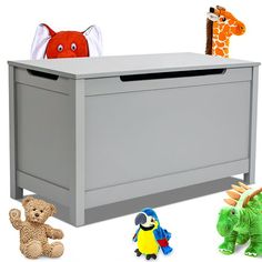 toy storage bins with stuffed animals and toys in front of them on a white background