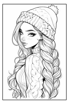 a girl with long hair wearing a knitted hat and braids, in black and white