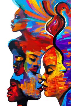 an abstract painting of three women with different colored hair colors and their faces are facing each other