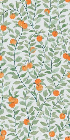 an orange and green wallpaper with leaves