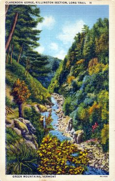 a painting of a river surrounded by trees