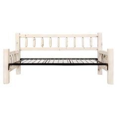 a white wooden bench with metal slats on it's sides and bottom shelf